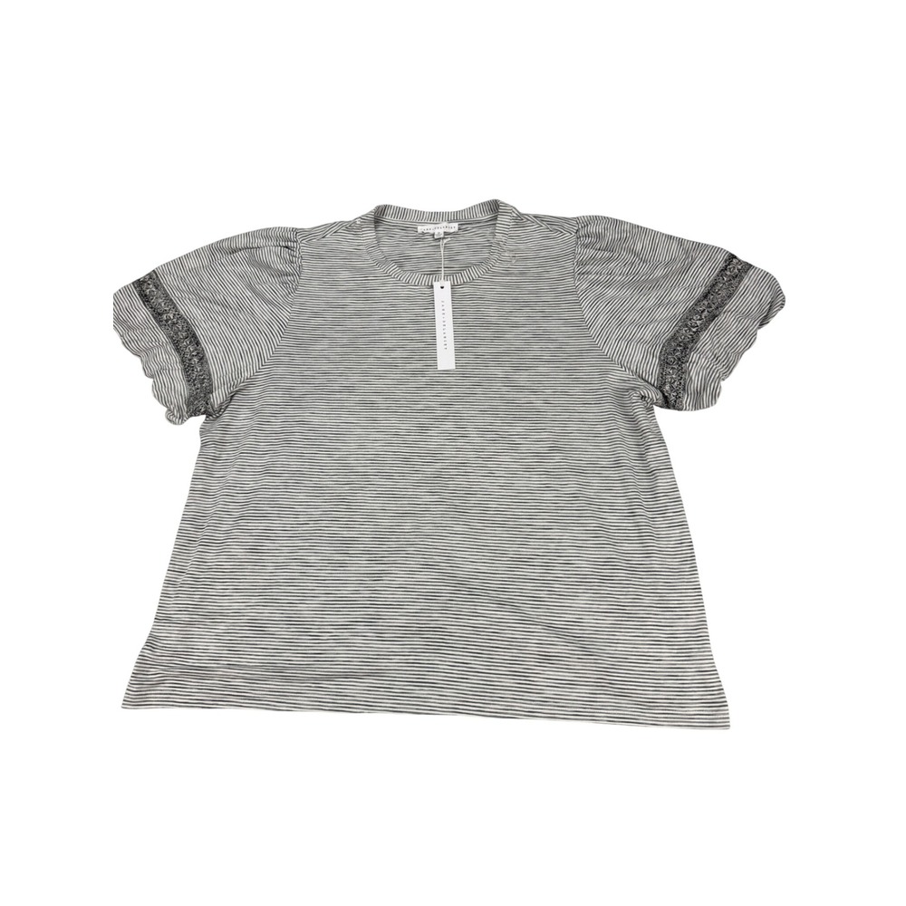 Jane + Delancey Women 3X Grey White Striped Puff Sleeve Embroidered Knit Top NEW